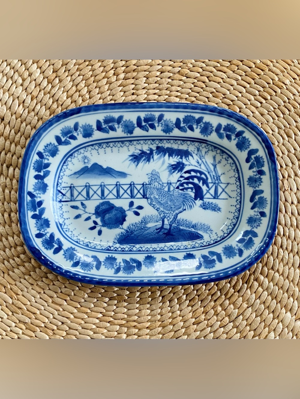 Vintage Blue & White Porcelain Rooster Oval Platter Bread Dish Chinoiserie